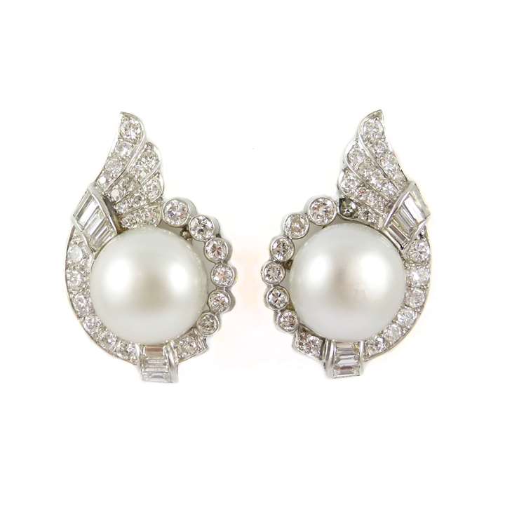 Pair of natural bouton pearl and diamond cluster earrings, c.1960,